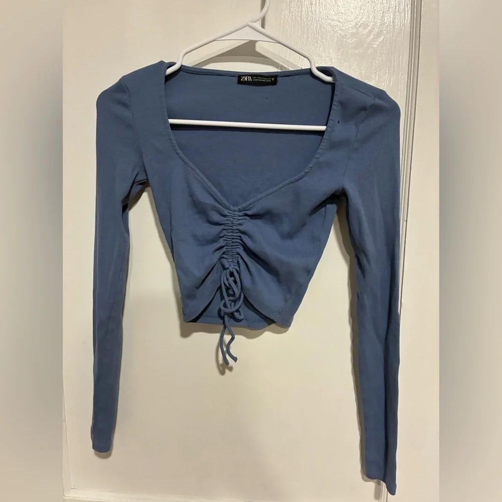 Zara Dusty Blue Ruched Blouse Size S